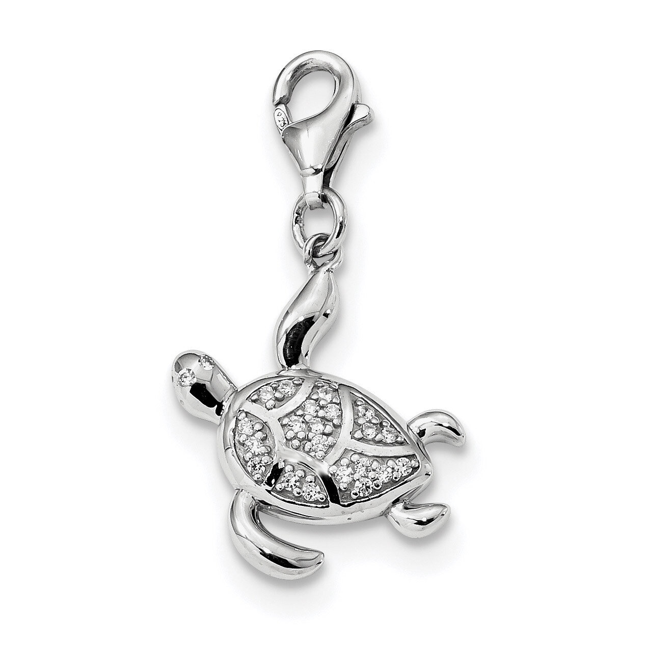 CZ Diamond Sea Turtle with Lobster Clasp Charm Sterling Silver Rhodium-plated QC9281
