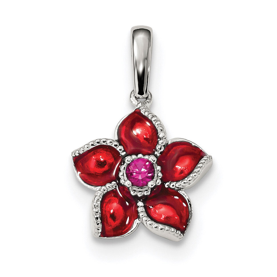 Created Ruby and Enamel Flower Pendant Sterling Silver QC9315, MPN: QC9315, 883957351223