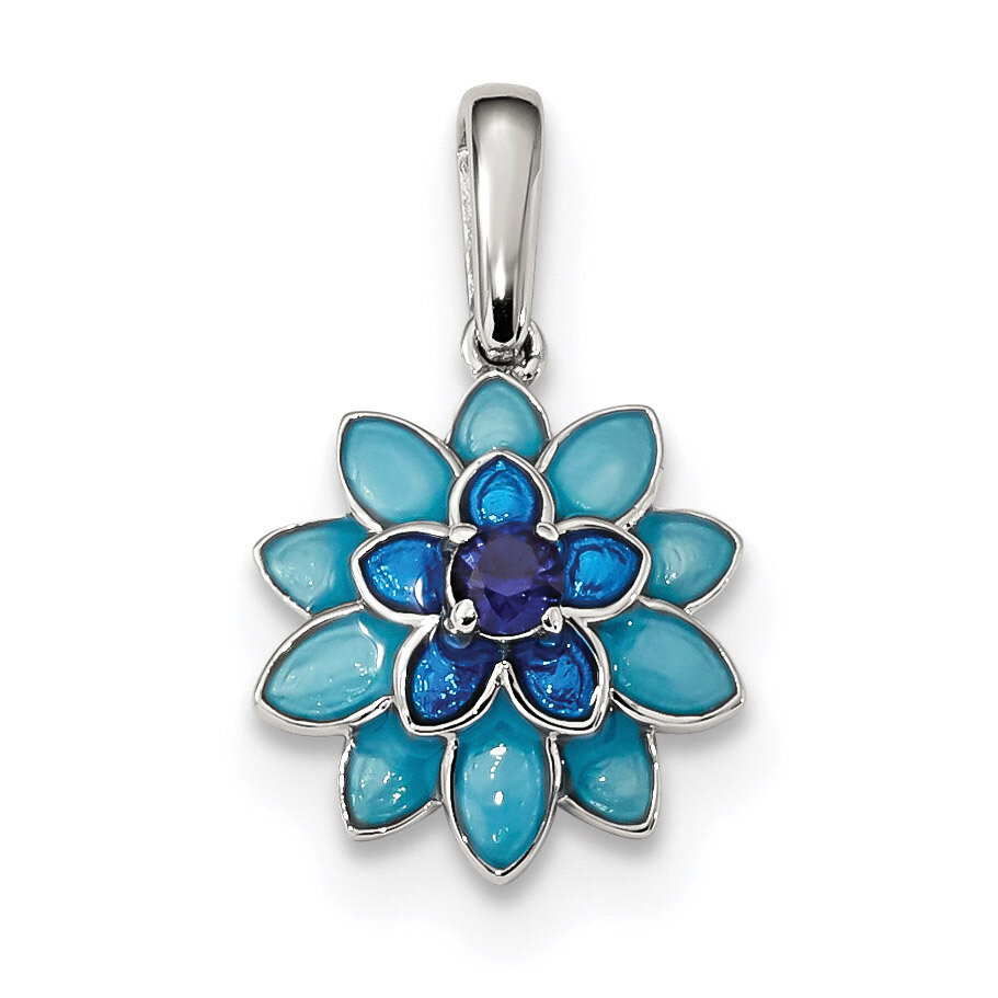 Created Sapphire and Enamel Flower Pendant Sterling Silver QC9318, MPN: QC9318, 883957754710