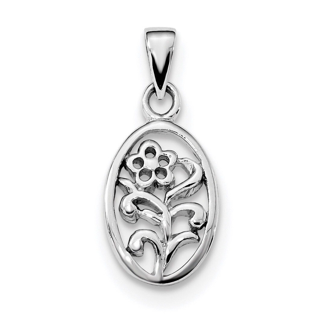 Flower in Oval Pendant Sterling Silver Rhodium-plated Polished QC9327, MPN: QC9327,