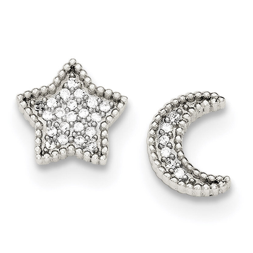 CZ Diamond Moon and Star Post Earrings Sterling Silver Polished QE11460