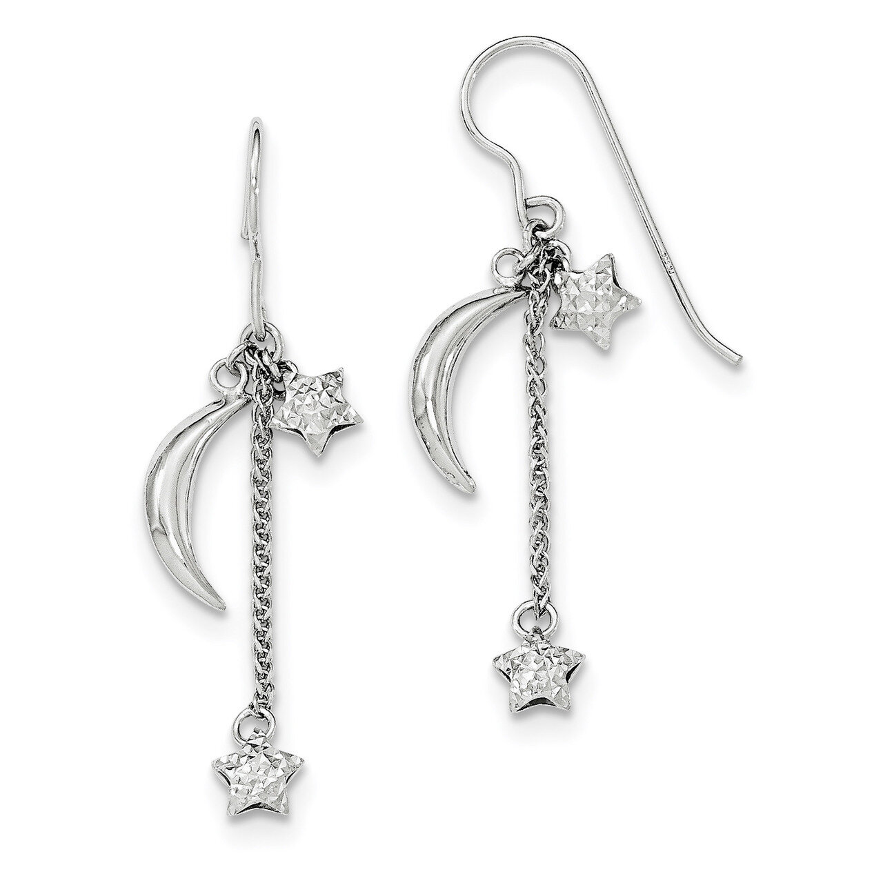 Diamond-cut Puff Stars and Moons Earrings Sterling Silver Rhodium Plated QE11463