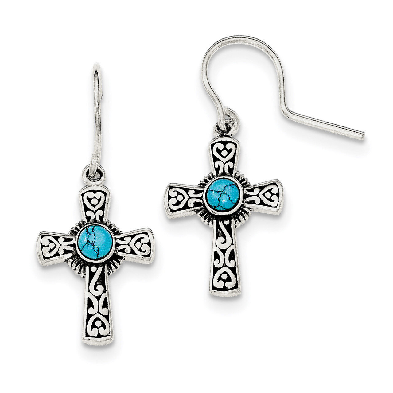 Recon Turquoise Cross Shepherd Hook Earrings Sterling Silver Antiqued QE11474