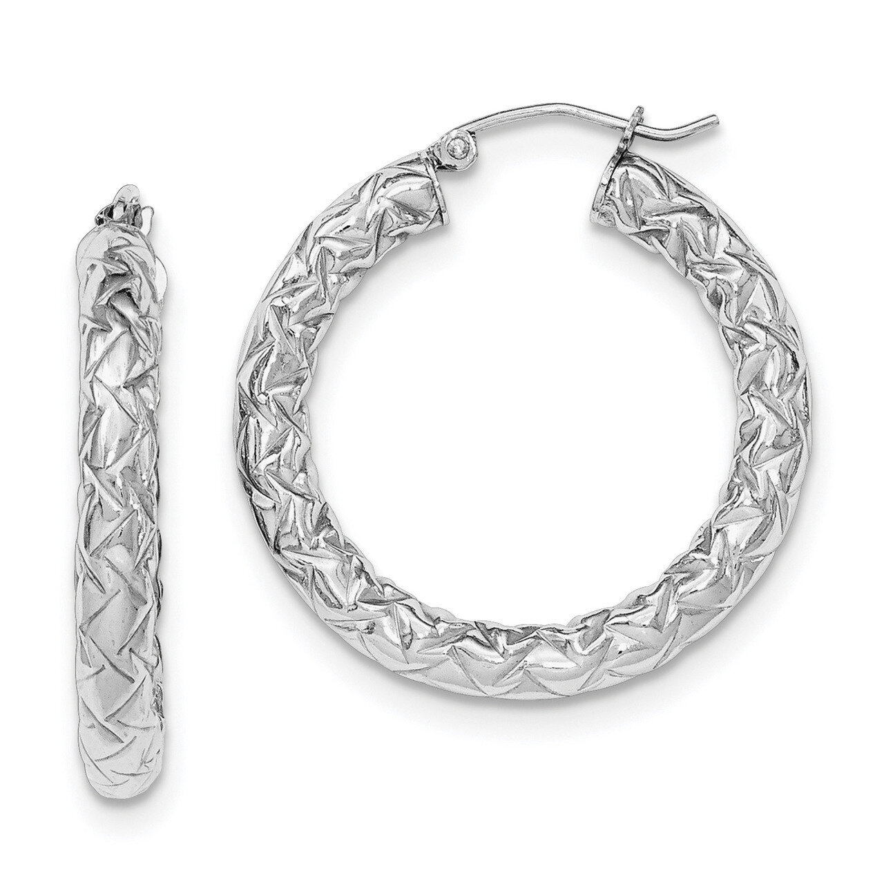 Hinged Hoop Earrings Sterling Silver Rhodium-plated Textured QE11511, MPN: QE11511, 191101229596