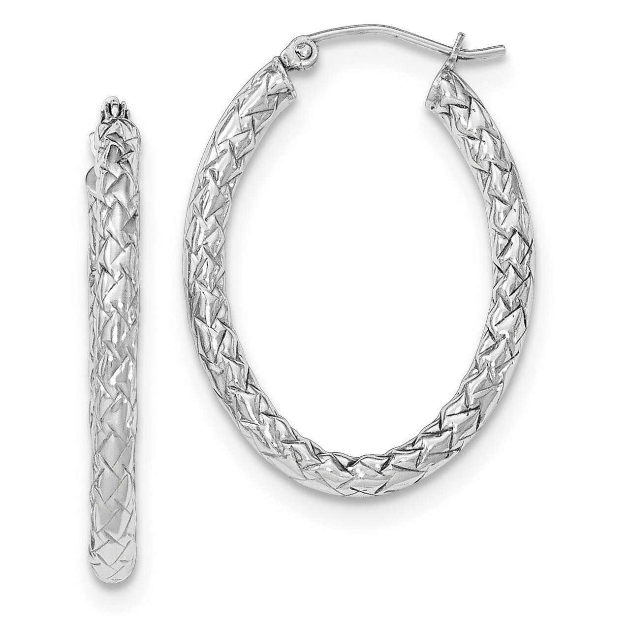 Textured Oval Hoop Earrings Sterling Silver Rhodium-plated Polished QE11582, MPN: QE11582, 19110122…