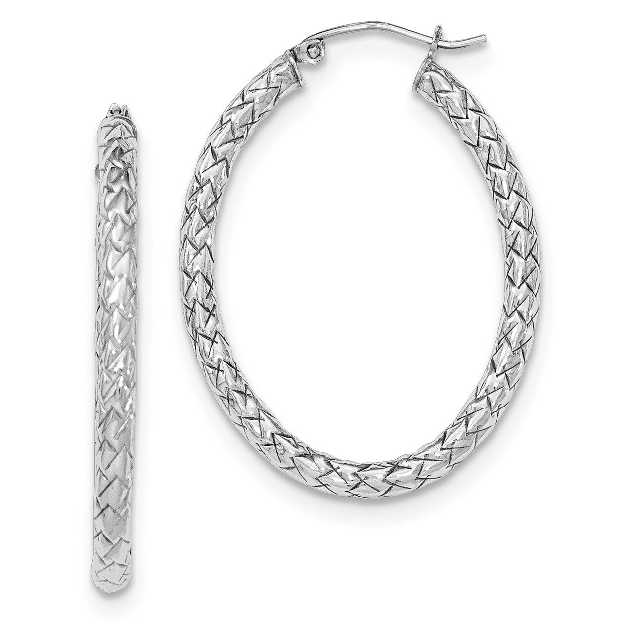 Textured Oval Hoop Earrings Sterling Silver Rhodium-plated Polished QE11583