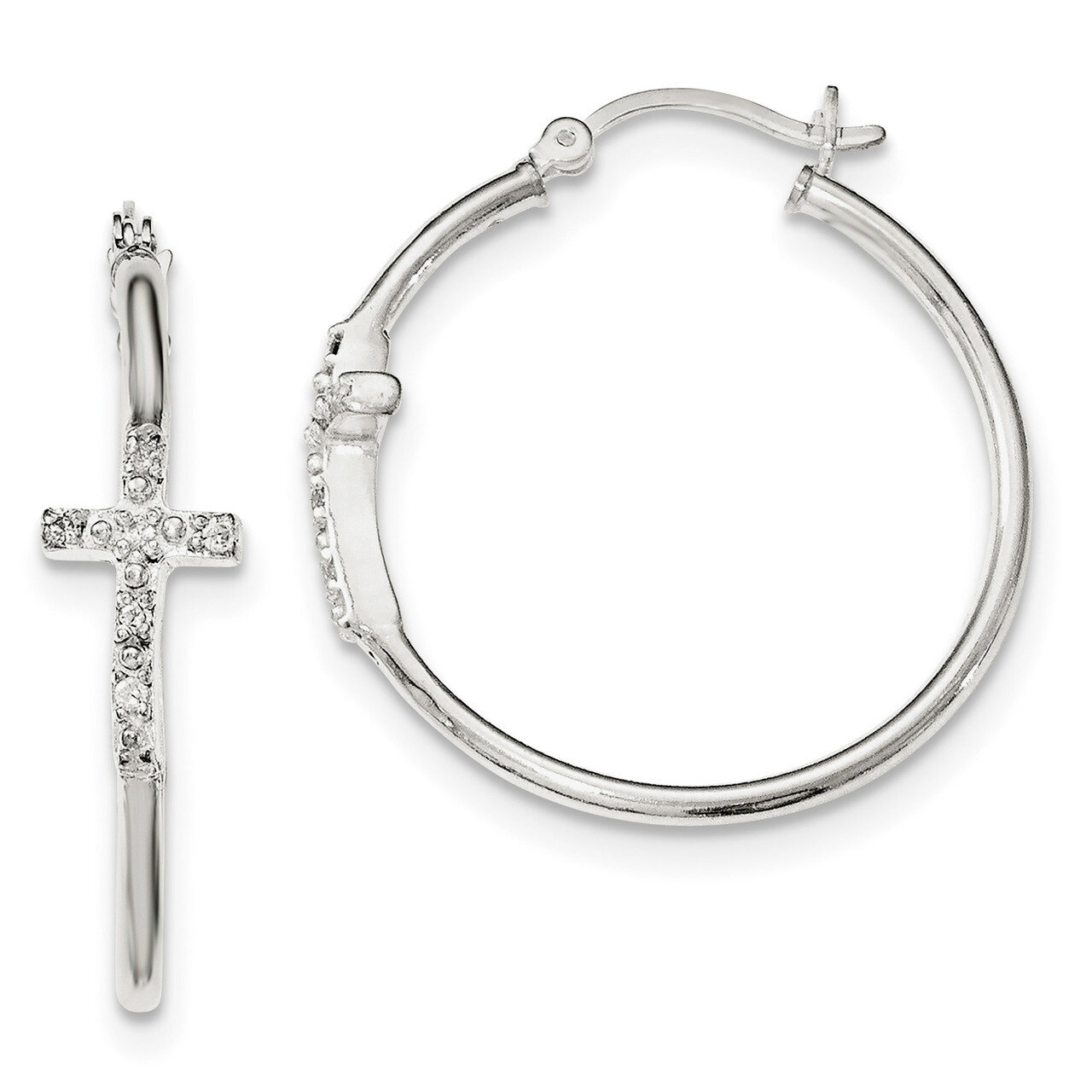 CZ Diamond Fancy Cross Hinged Hoop Earrings Sterling Silver Polished QE11616