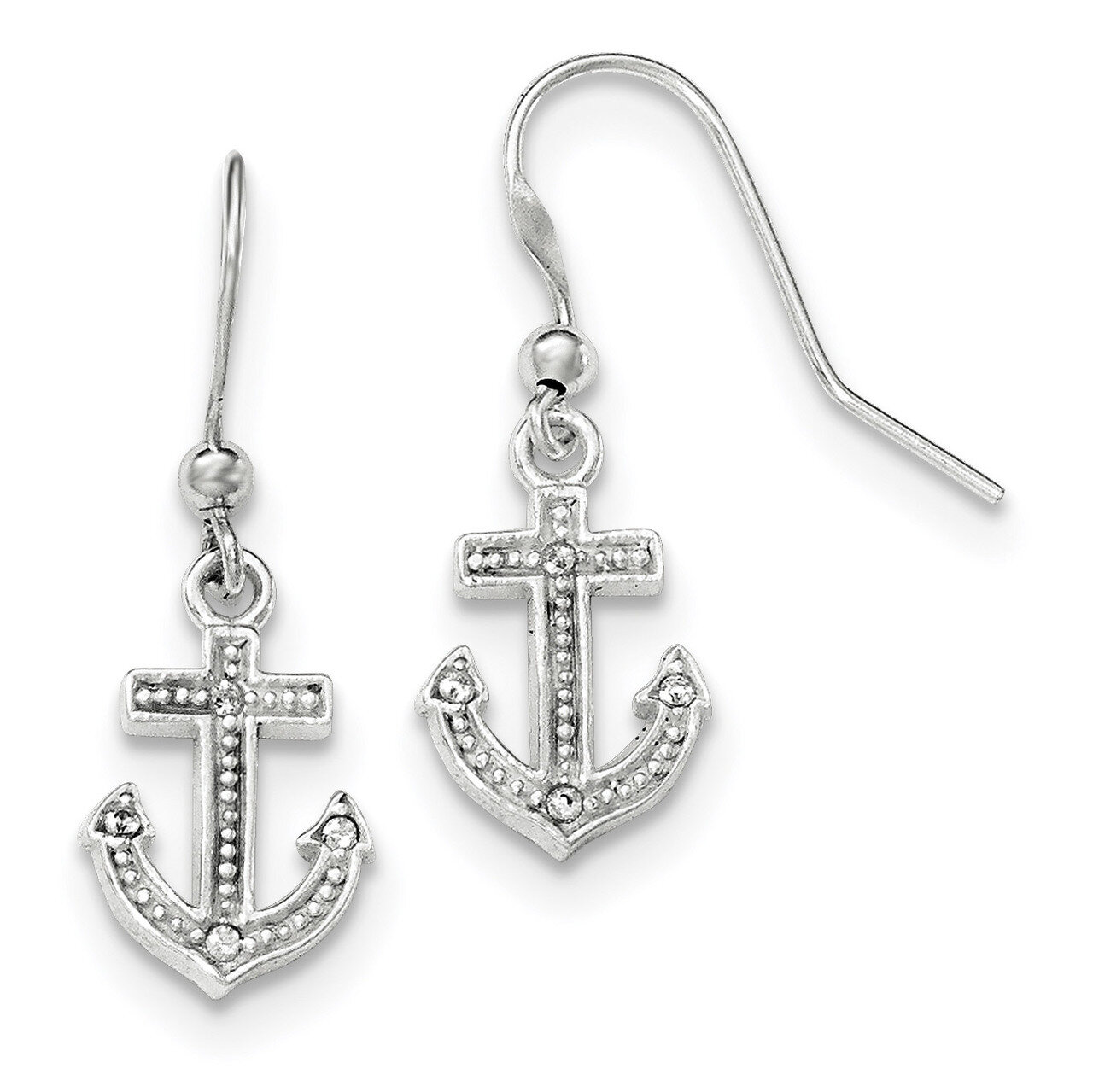 CZ Diamond Anchor Shepherd Hook Earrings Sterling Silver Rhodium-plated Polished QE11819
