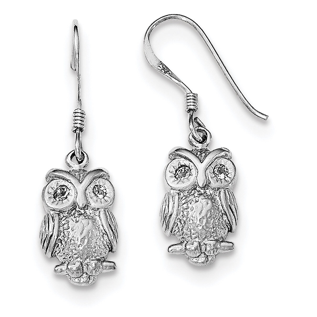 CZ Diamond Owl Shepherd Hook Earrings Sterling Silver Rhodium-plated QE11829, MPN: QE11829, 1911012…