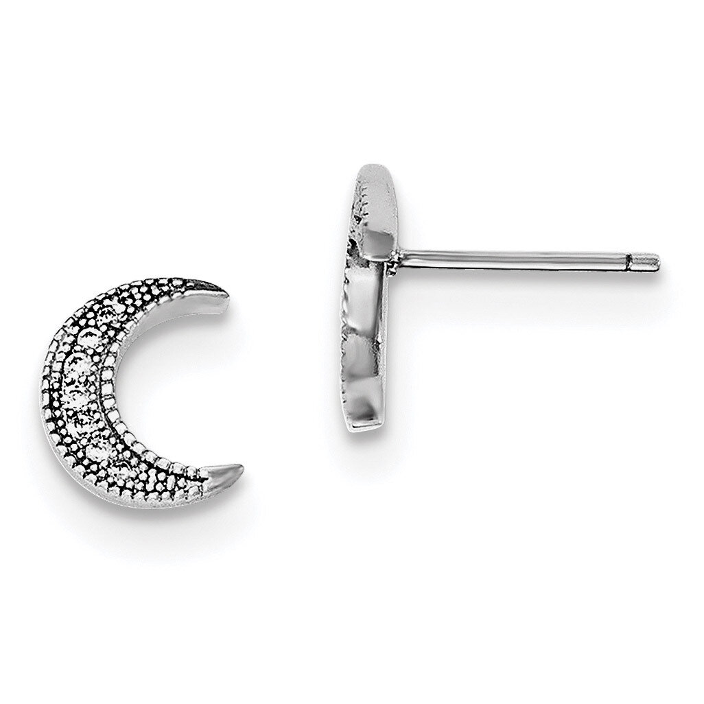 CZ Diamond Crescent Moon Post Earrings Sterling Silver Rhodium-plated QE11849, MPN: QE11849, 191101…