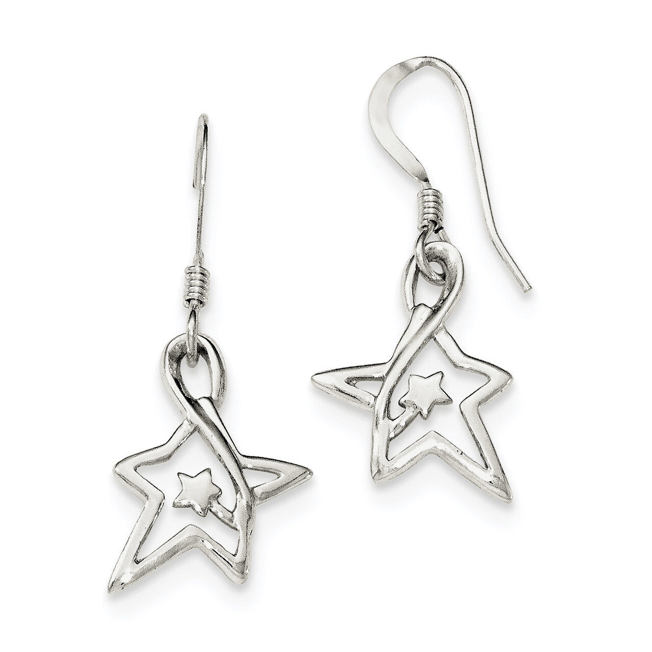 Diamond-cut Star Dangle Earrings Sterling Silver Polished QE11916, MPN: QE11916, 191101231063