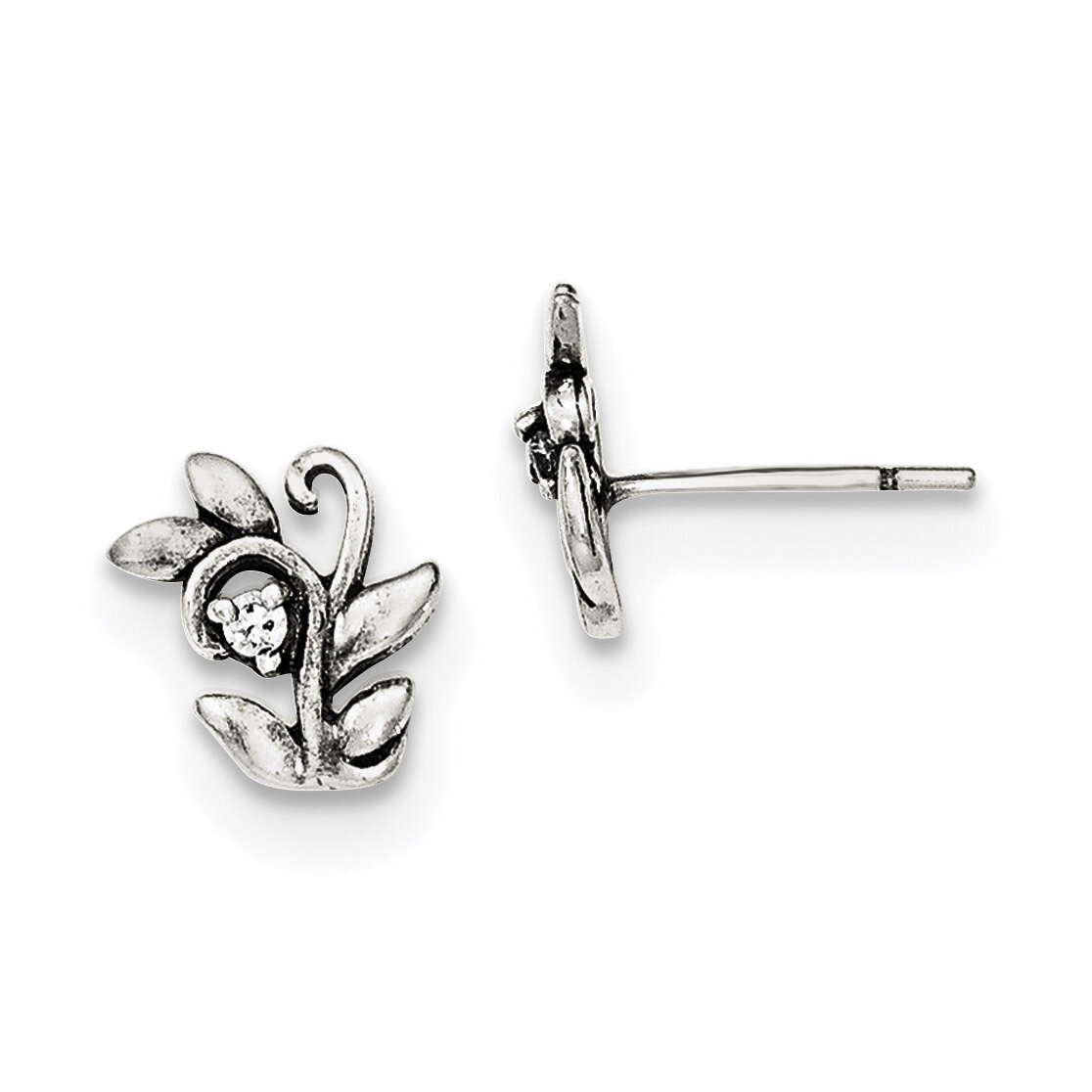 CZ Diamond Flower Post Earrings Sterling Silver Polished and Antiqued QE11923, MPN: QE11923, 191101…