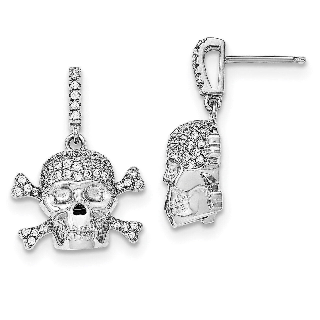 CZ Diamond Skull Dangle Post Earrings Sterling Silver Rhodium-plated QE11949
