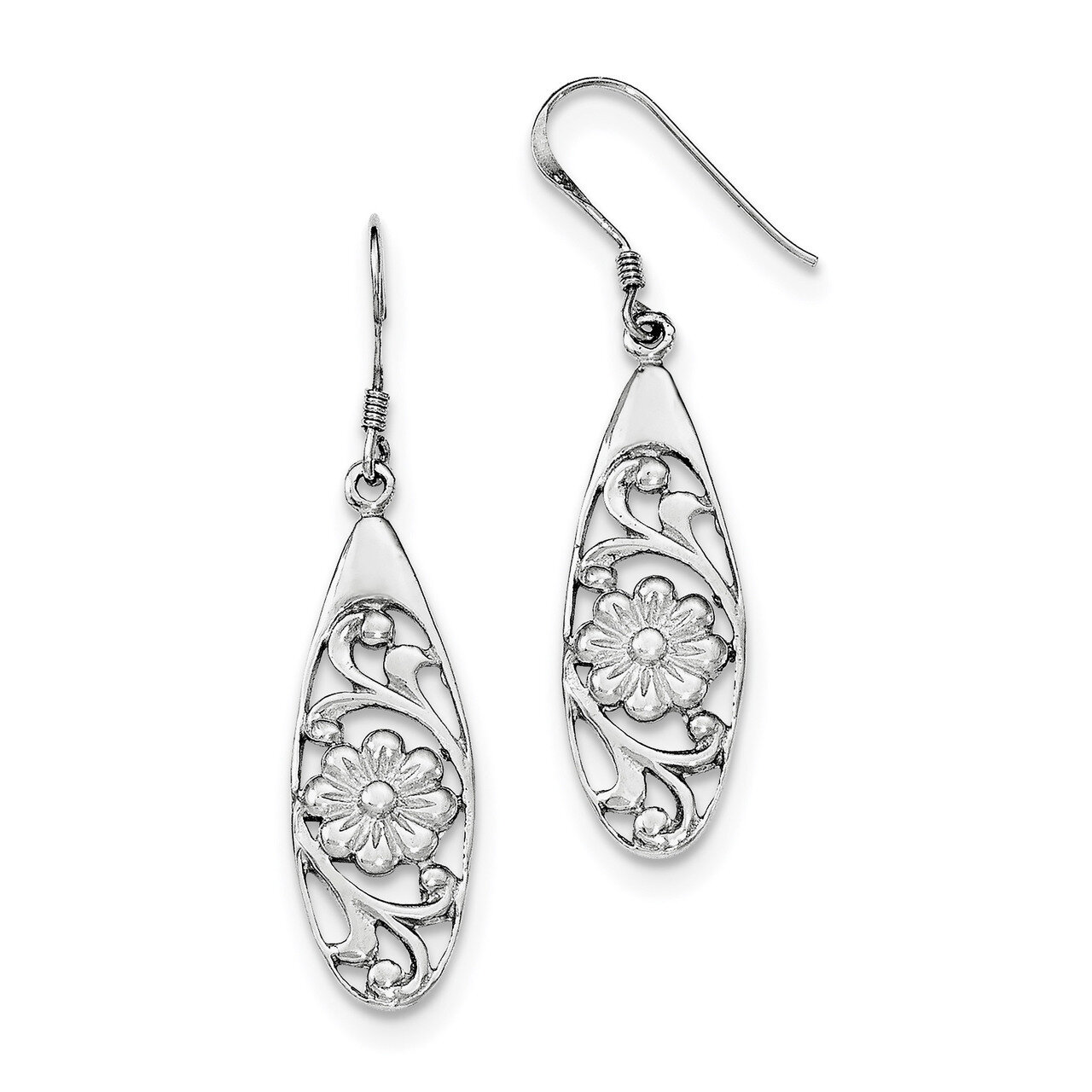 Fancy Flower Shepherd Hook Earrings Sterling Silver Rhodium-plated Polished QE11995, MPN: QE11995, …