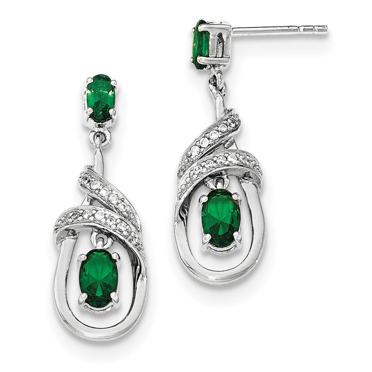 White & Green CZ Diamond Dangle Post Earrings Sterling Silver Rhodium-plated QE12307