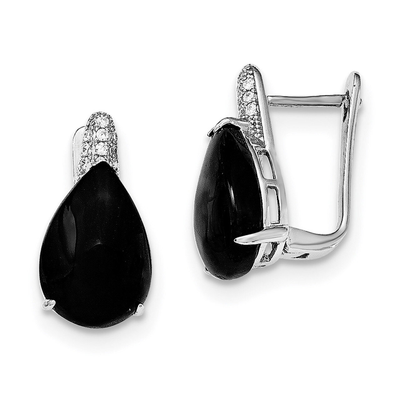 CZ Diamond & Onyx Hinged Hoop Earrings Sterling Silver Rhodium-plated QE12339