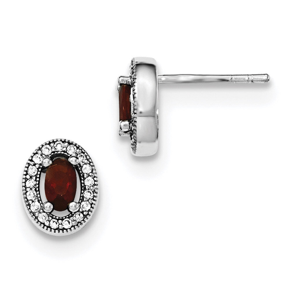 January Red &amp; White CZ Diamond Oval Post Earrings Sterling Silver Rhodium Polished QE12553, MPN: QE…