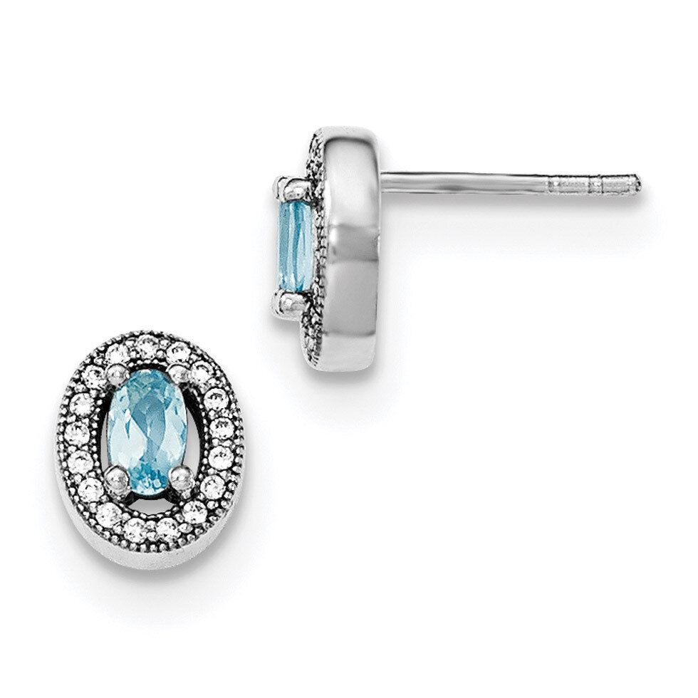 Light Blue & White CZ Diamond Oval Stud Earrings Sterling Silver Rhodium-plated QE12555