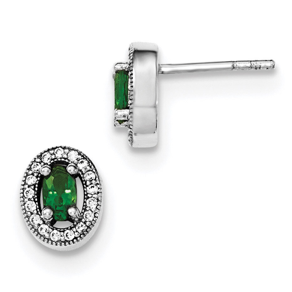 Green &amp; White CZ Diamond Oval Stud Earrings Sterling Silver Rhodium-plated QE12557, MPN: QE12557, 8…