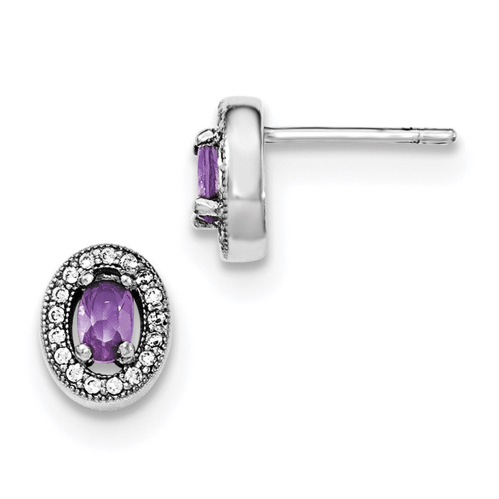 June Purple &amp; White CZ Diamond Oval Post Earrings Sterling Silver Rhodium Polished QE12558, MPN: QE…