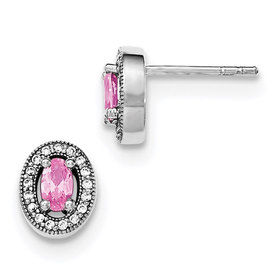 Pink & White CZ Diamond Oval Stud Earrings Sterling Silver Rhodium-plated QE12562