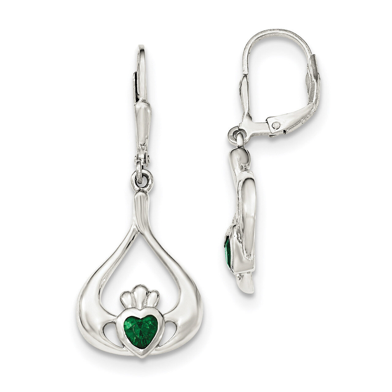 Green CZ Diamond Heart Leverback Claddagh Dangle Earrings Sterling Silver QE12571