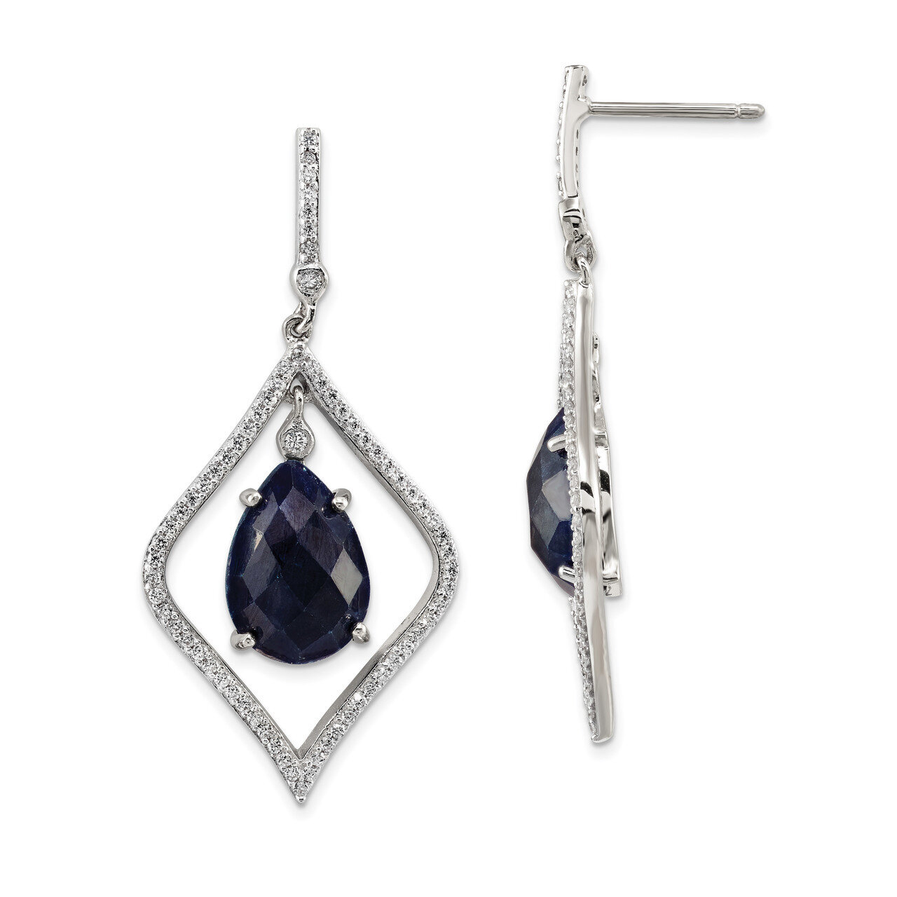 Blue Corundum and CZ Diamond Post Dangle Earrings Sterling Silver QE12594