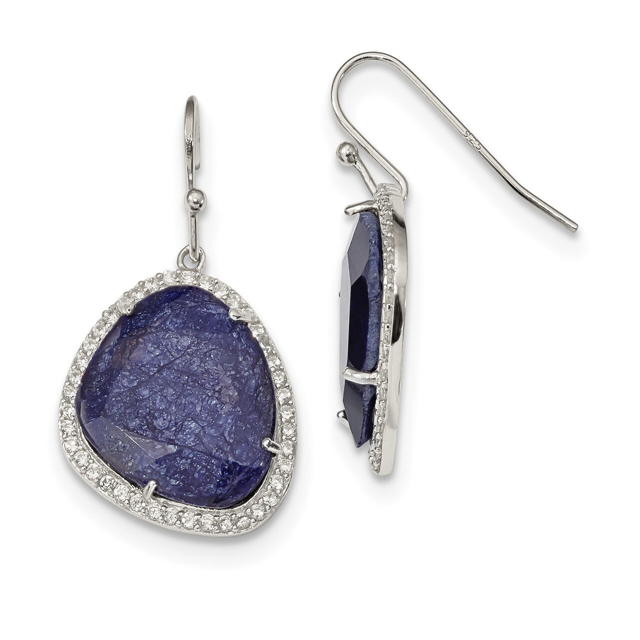 Blue Corundum and CZ Diamond Shepherd Hook Earrings Sterling Silver QE12595