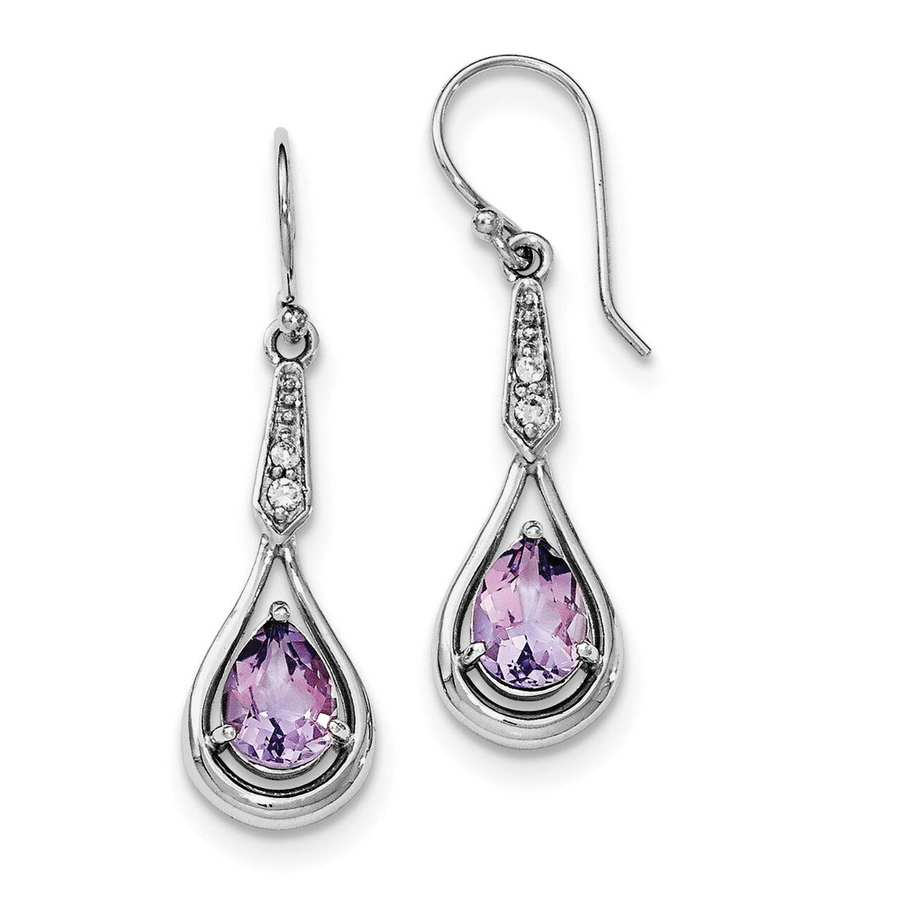 CZ Diamond &amp; Amethyst Dangle Earrings Sterling Silver Rhodium-plated QE12622AM, MPN: QE12622AM, 191…