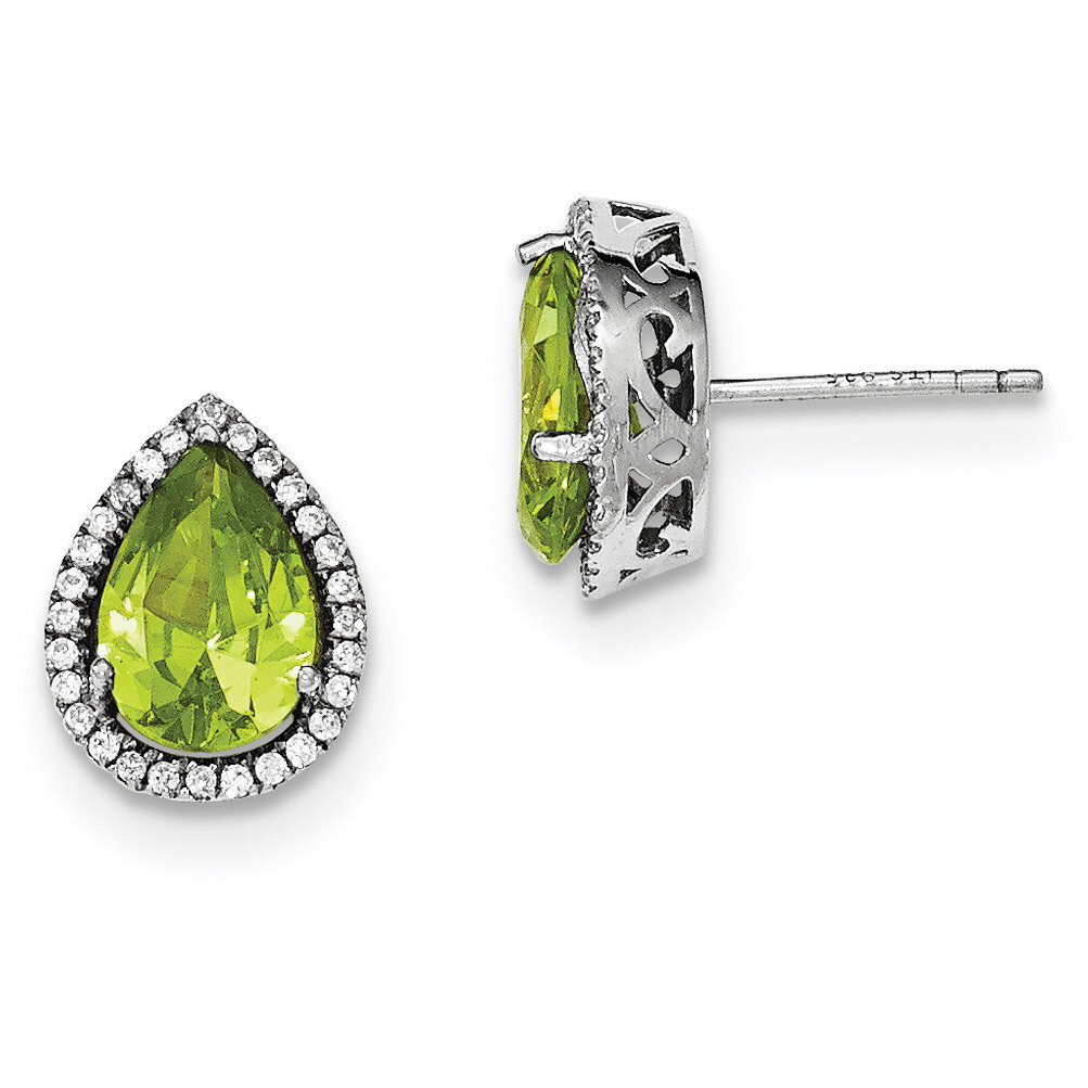 Simulated Peridot &amp; CZ Diamond Post Earrings Sterling Silver Rhodium Polished QE12637AUG, MPN: QE12…
