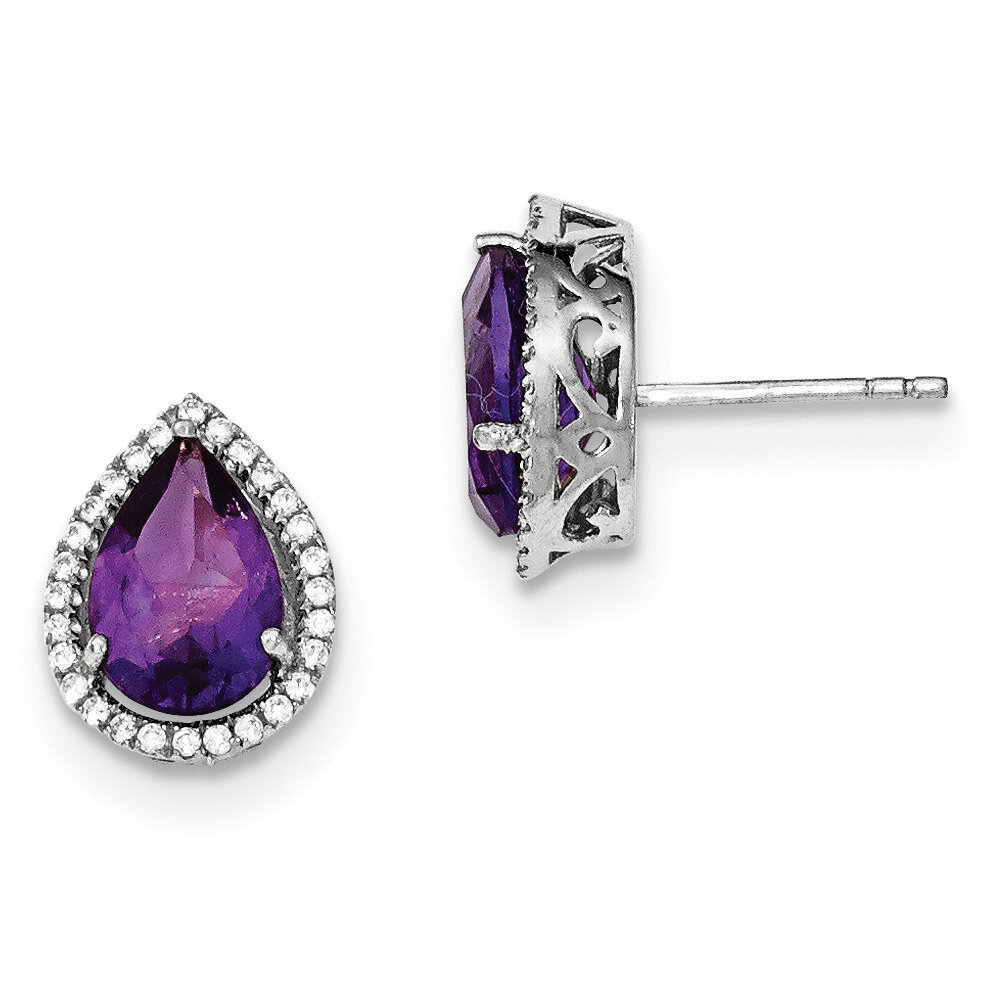Amethyst &amp; CZ Diamond Post Earrings Sterling Silver Rhodium Polished QE12637FEB, MPN: QE12637FEB,