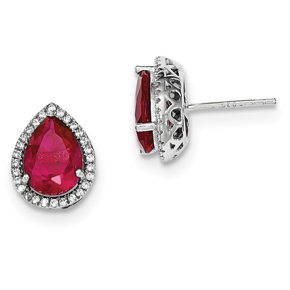 Created Ruby &amp; CZ Diamond Post Earrings Sterling Silver Rhodium Polished QE12637JUL, MPN: QE12637JU…