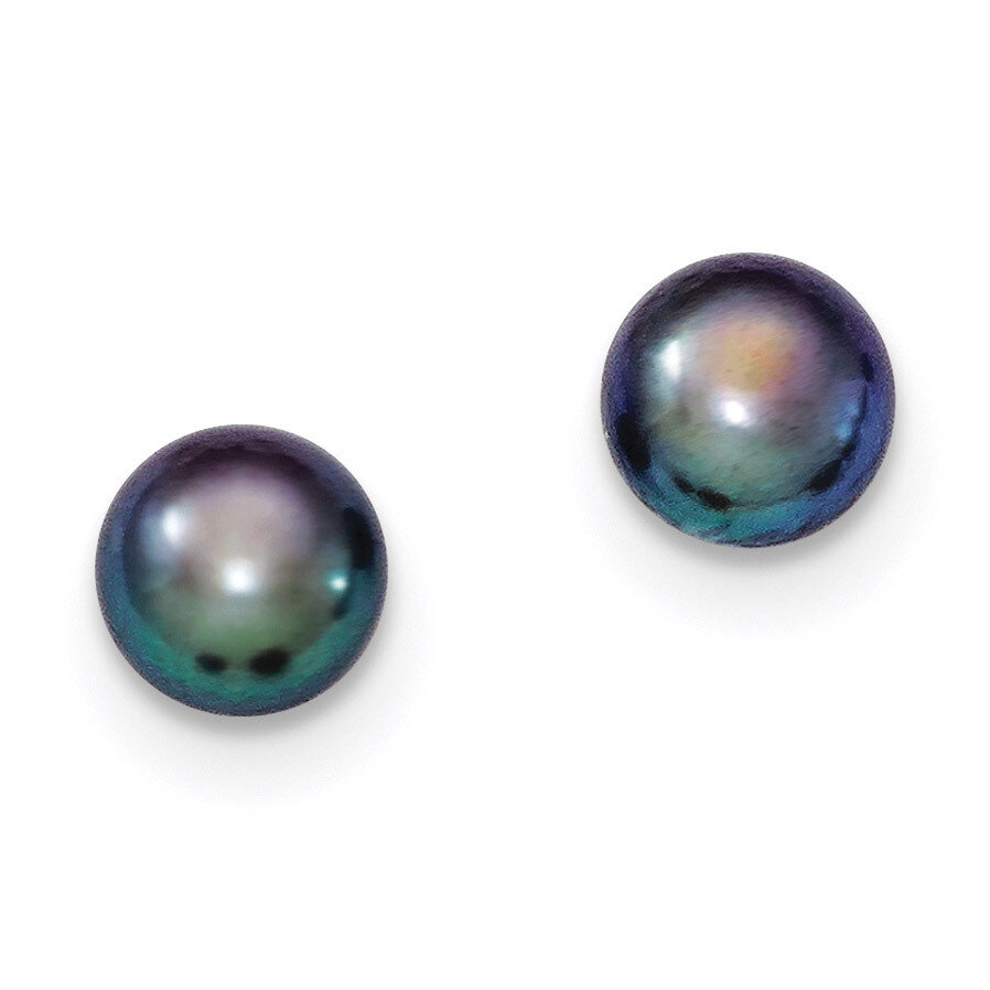 7-8mm Black Freshwater Cultured Button Pearl Stud Earrings Sterling Silver QE12668