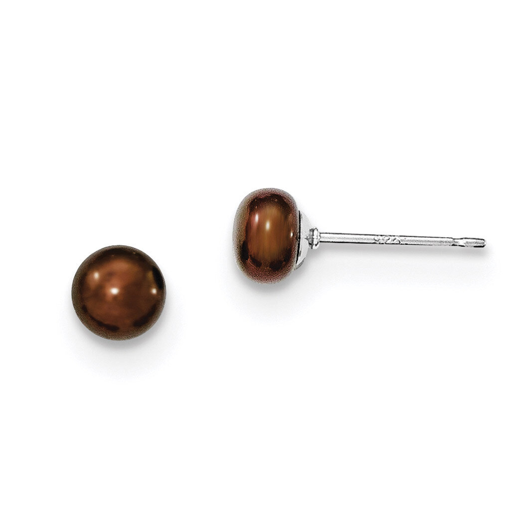 5-6mm Brown Freshwater Cultured Button Pearl Stud Earrings Sterling Silver QE12672