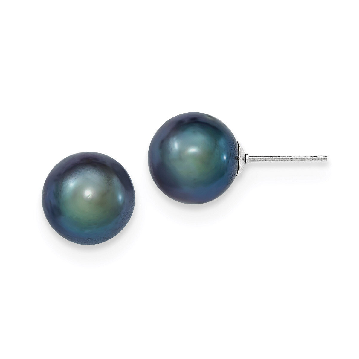 10-11mm Black Freshwater Cultured Round Pearl Stud Earrings Sterling Silver QE12706
