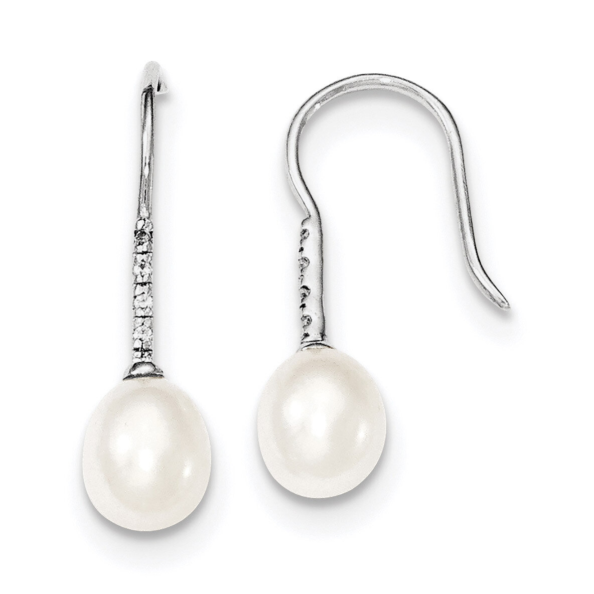 7-8mm White Cultured Freshwater Pearl CZ Diamond Dangle Earrings Sterling Silver Rhodium-plated QE1…