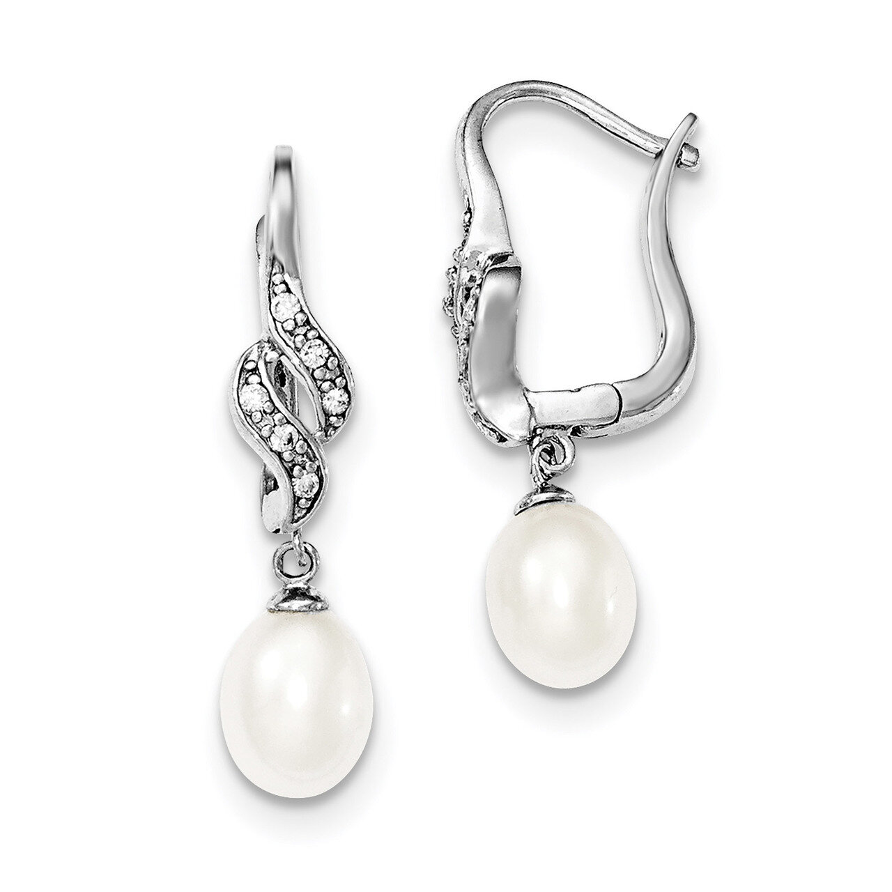 7-8mm White Cultured Freshwater Pearl CZ Diamond Leverback Earrings Sterling Silver Rhodium-plated QE12741
