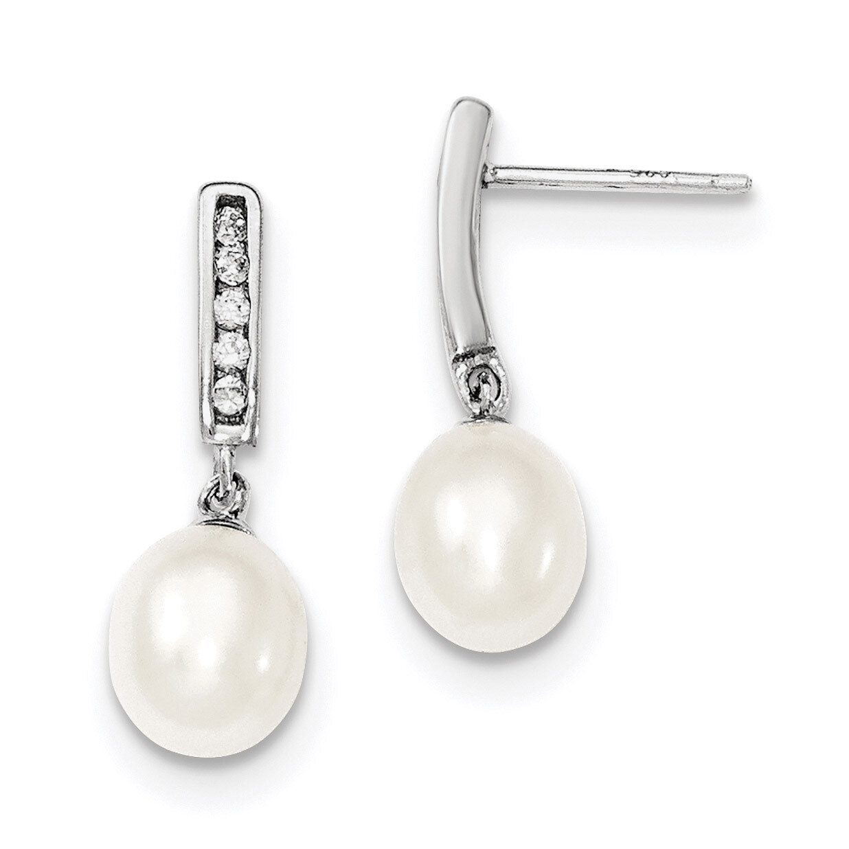 8-9mm White Cultured Freshwater Pearl CZ Diamond Post Dangle Earrings Sterling Silver Rhodium-plated QE12742