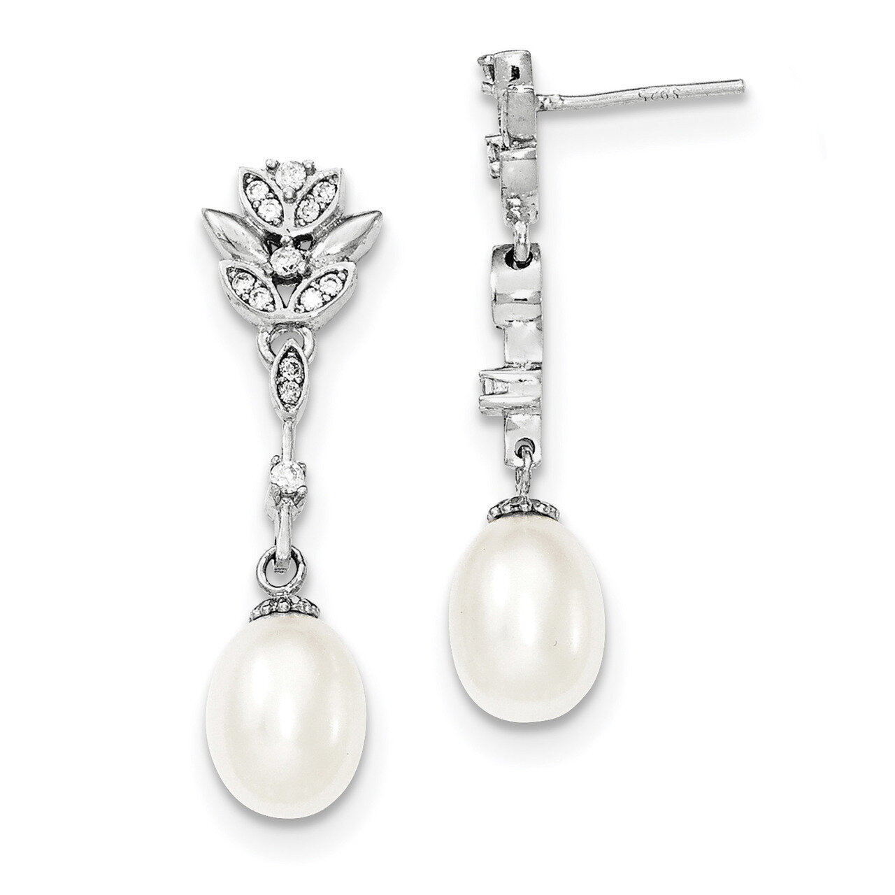 8-9mm White Cultured Freshwater Pearl CZ Diamond Post Dangle Earrings Sterling Silver Rhodium-plate…