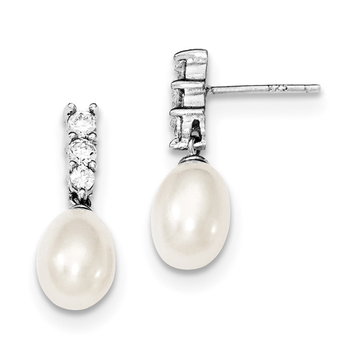 7-8mm White Cultured Freshwater Pearl CZ Diamond Post Dangle Earrings Sterling Silver Rhodium-plate…
