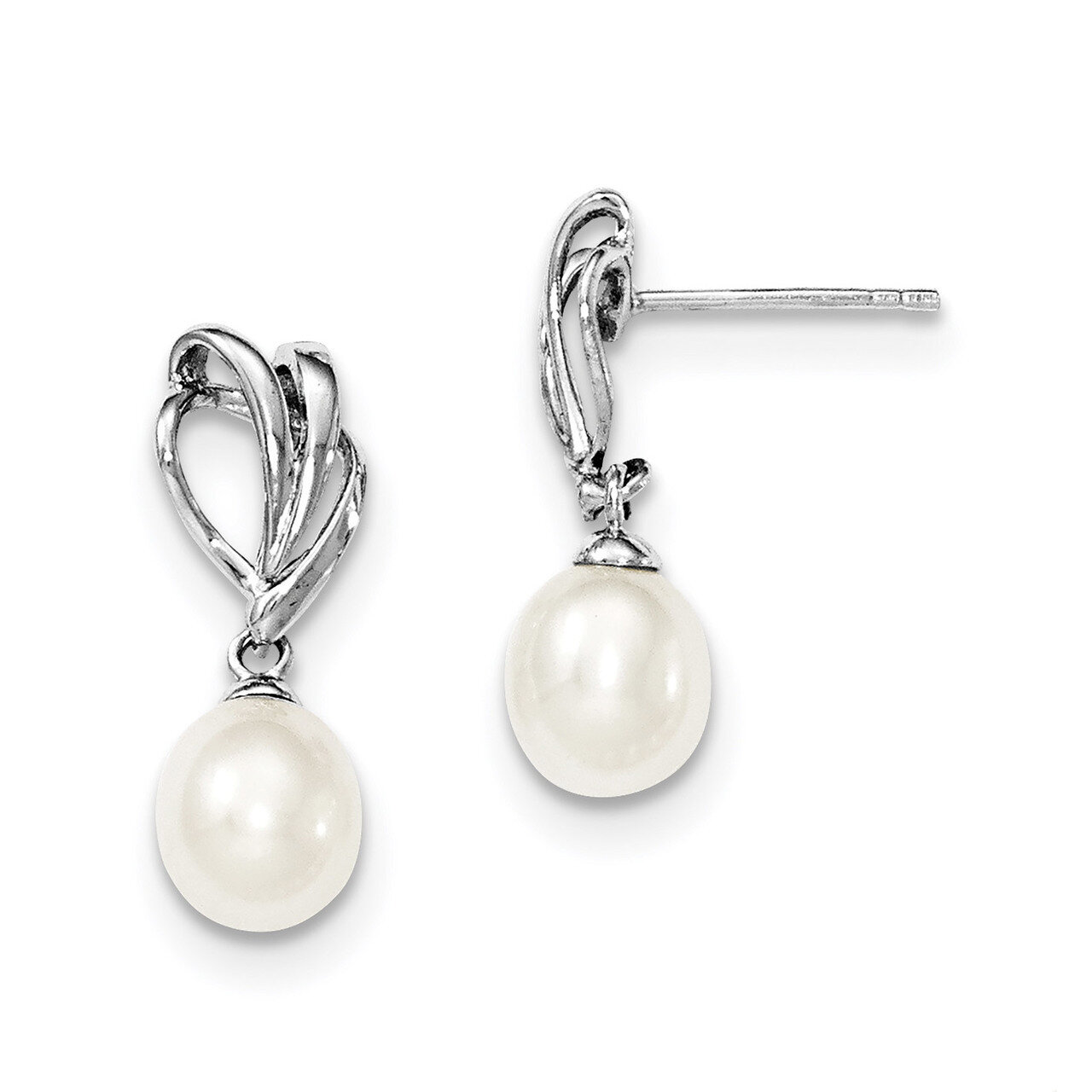 7-8mm White Cultured Freshwater Pearl Post Dangle Earrings Sterling Silver Rhodium-plated QE12748, …