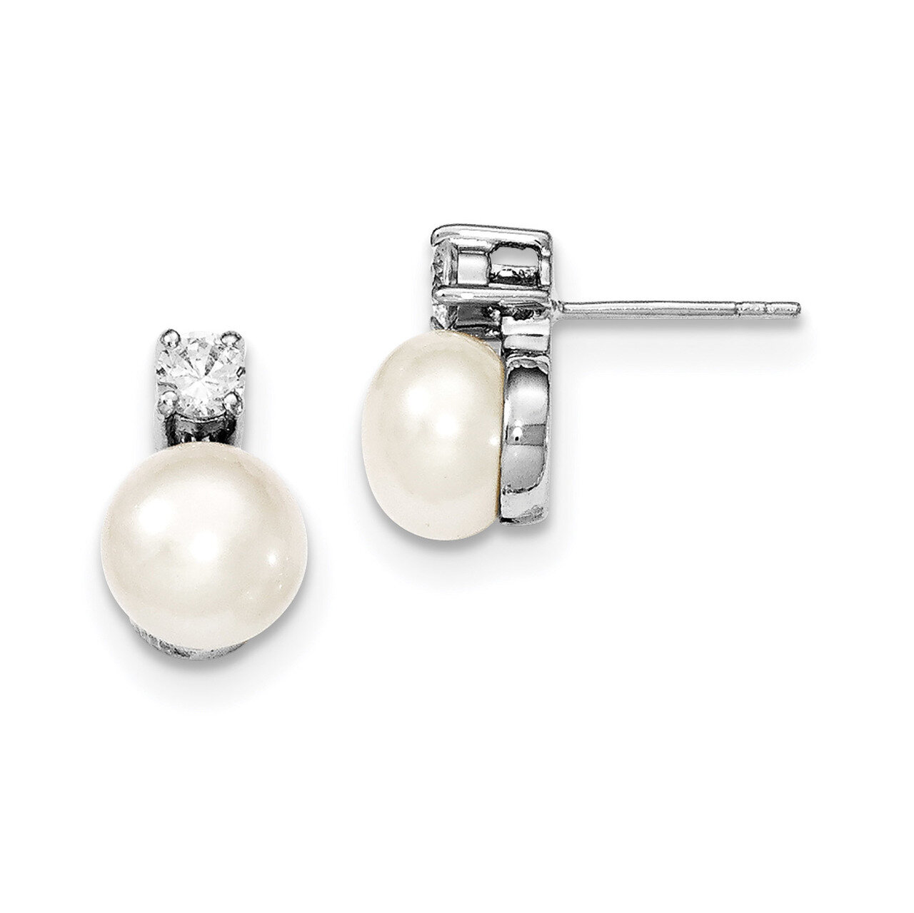 7-8mm White Cultured Freshwater Pearl CZ Diamond Post Earrings Sterling Silver Rhodium-plated QE127…