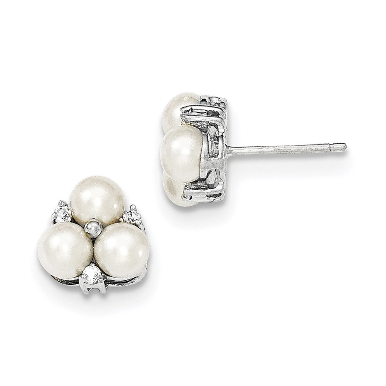 5-6mm White Freshwater Cultured 3-Pearl CZ Diamond Post Earrings Sterling Silver QE12761, MPN: QE12…