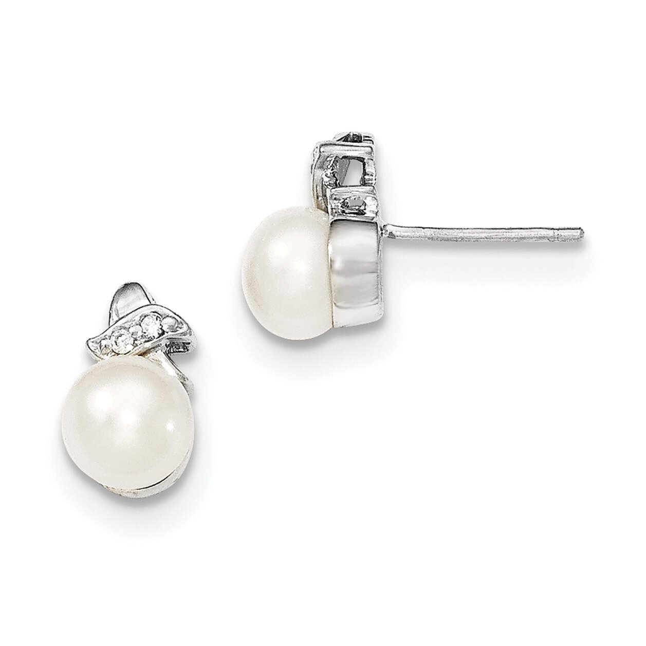 7-8mm White Freshwater Cultured Pearl CZ Diamond Post Earrings Sterling Silver QE12765