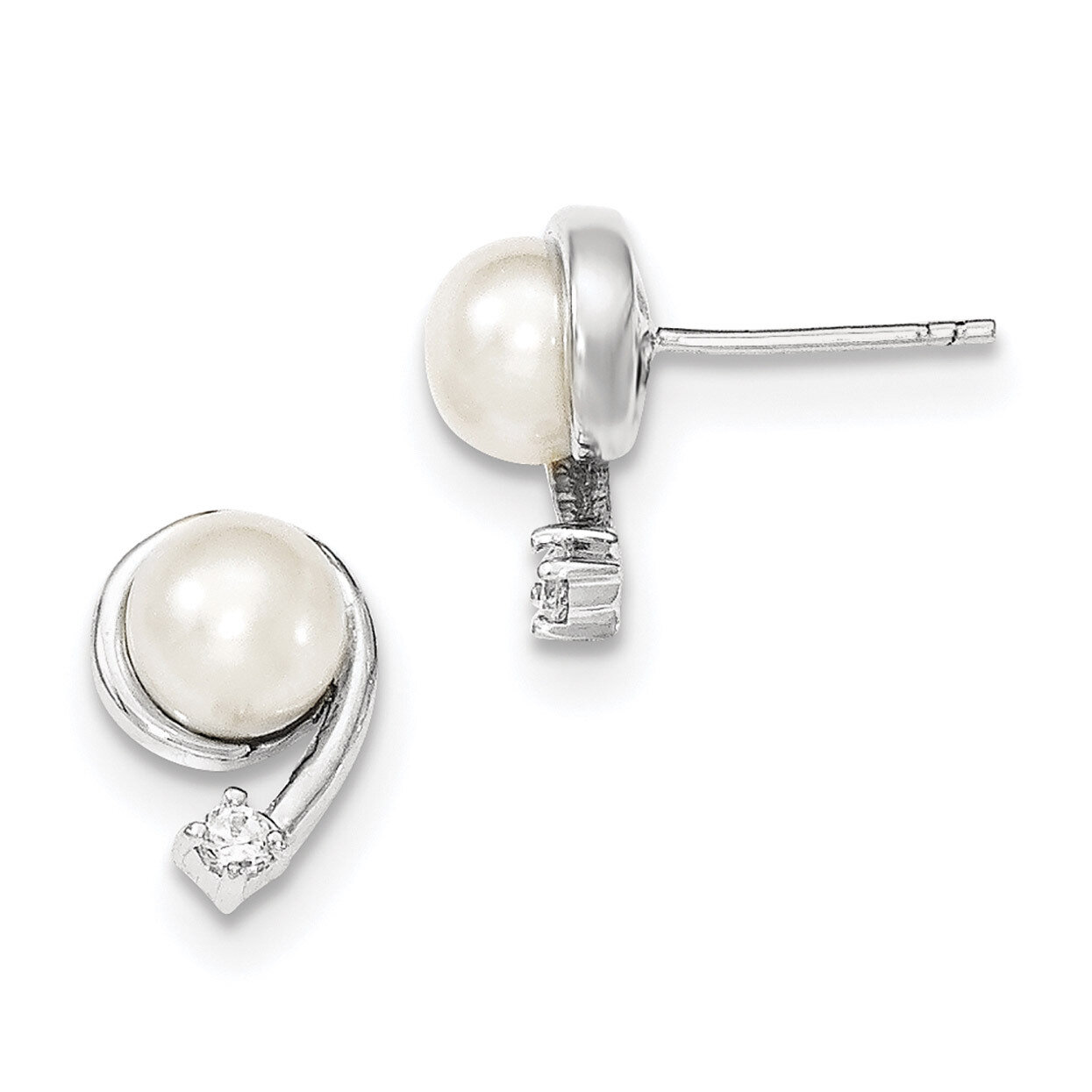 7-8mm White Freshwater Cultured Pearl CZ Diamond Post Earrings Sterling Silver QE12767, MPN: QE1276…