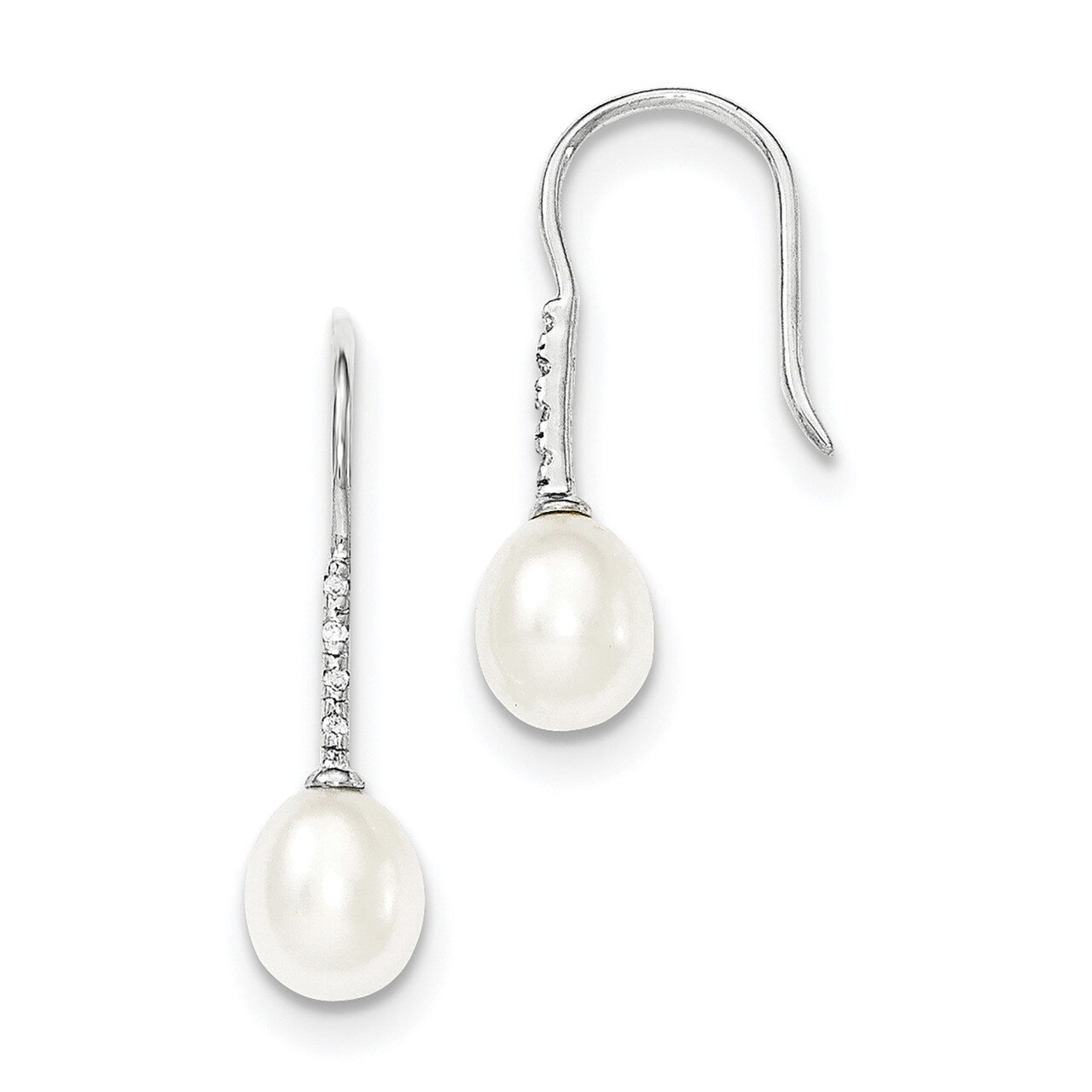 7-8mm White Freshwater Cultured Pearl CZ Diamond Dangle Earrings Sterling Silver QE12768, MPN: QE12…