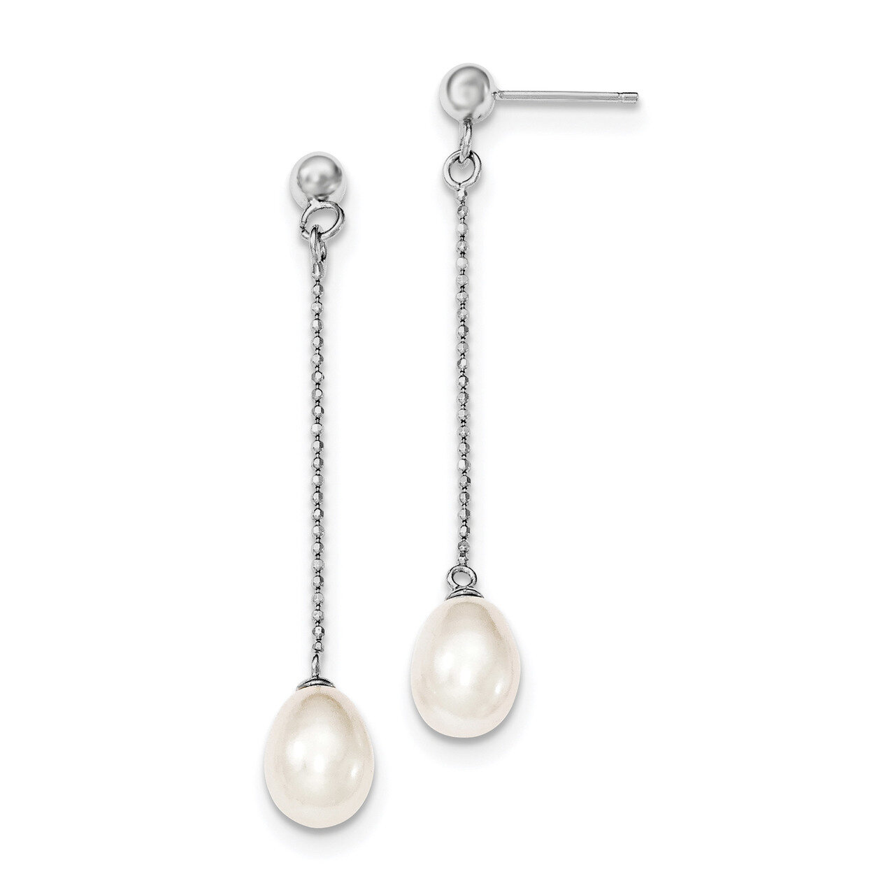 7-8mm White Cultured Freshwater Pearl Post Dangle Earrings Sterling Silver Rhodium-plated QE12776