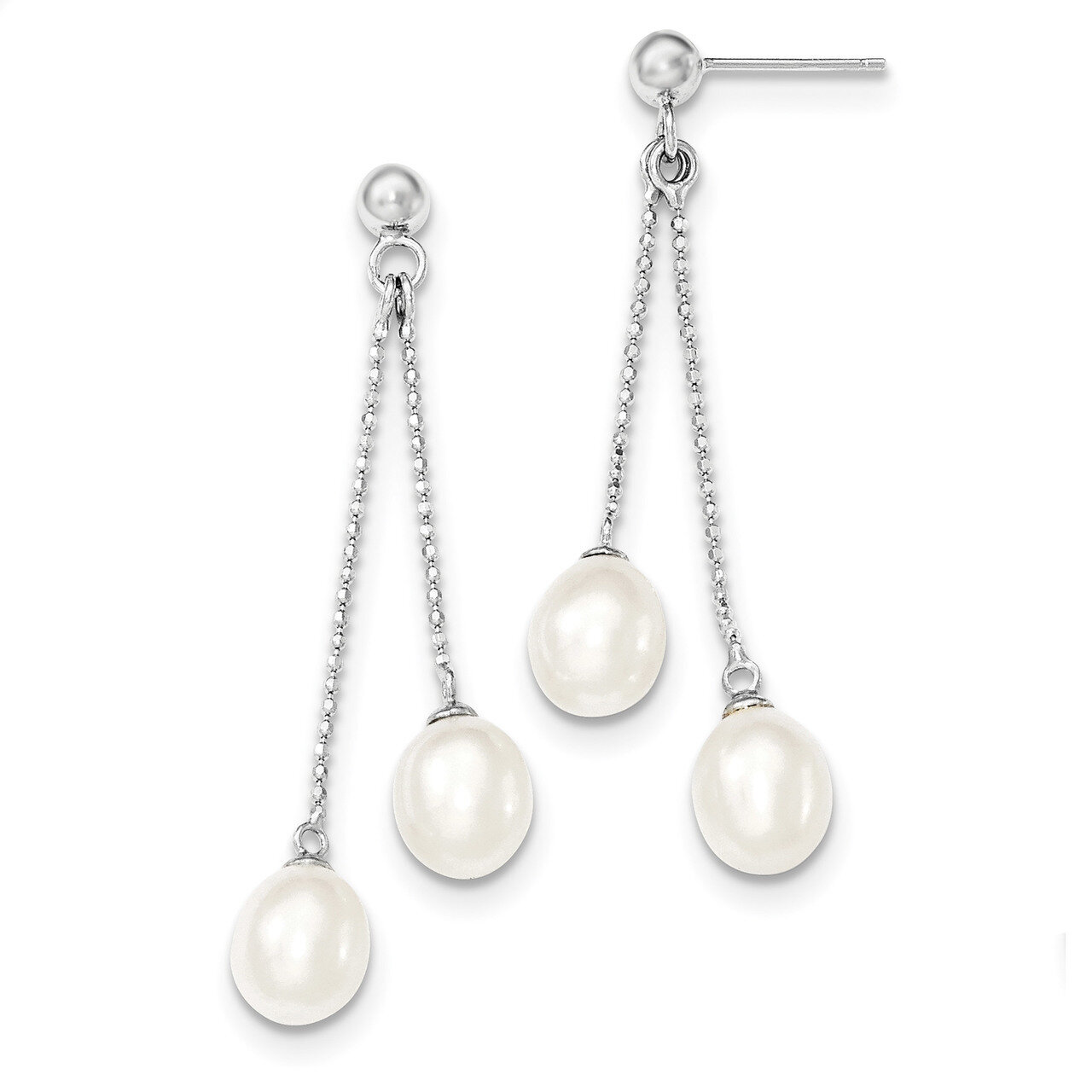7-8mm White Cultured Freshwater Pearl Post Dangle Earrings Sterling Silver Rhodium QE12777, MPN: QE…