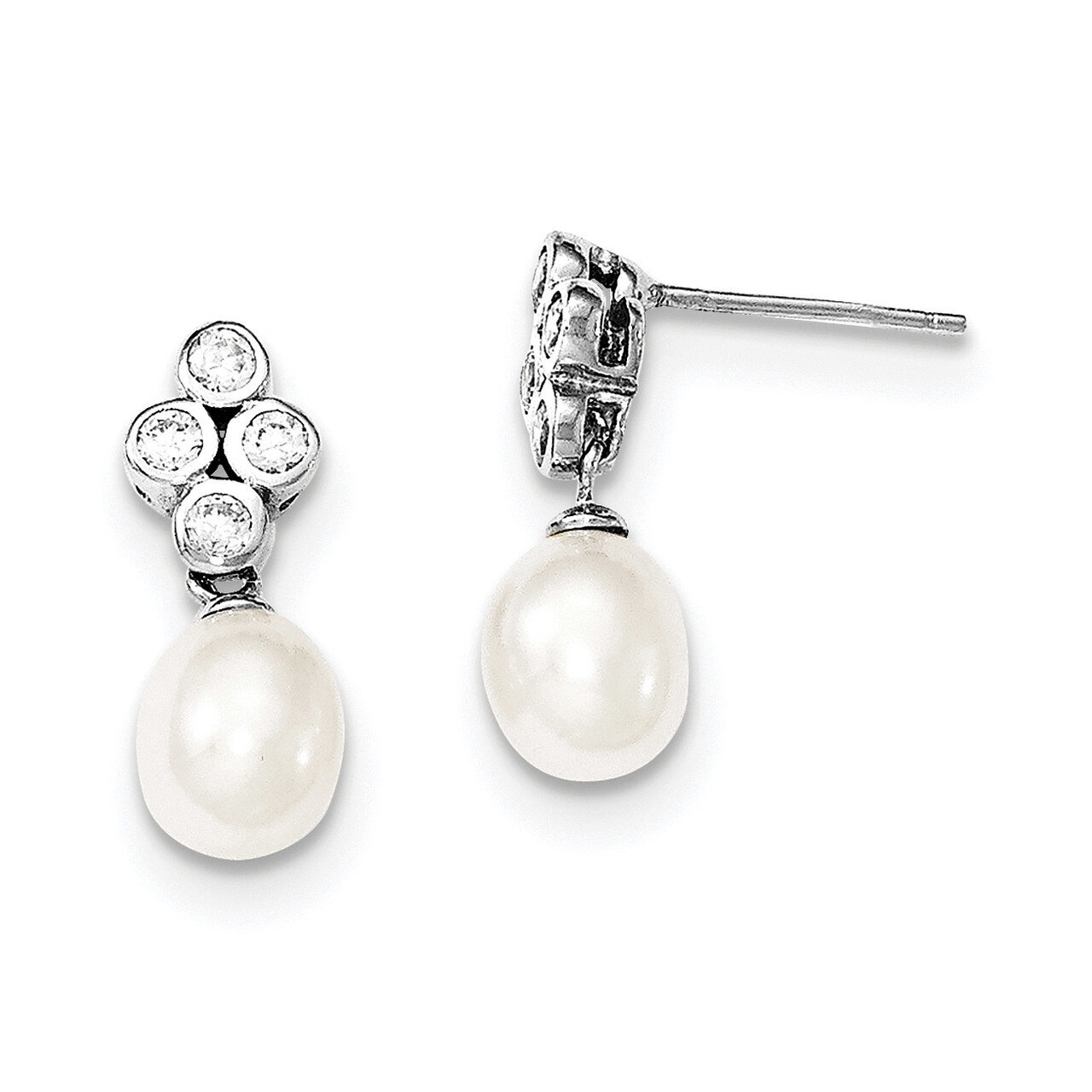 7-8mm White Cultured Freshwater Pearl CZ Diamond Post Dangle Earrings Sterling Silver Rhodium QE12778