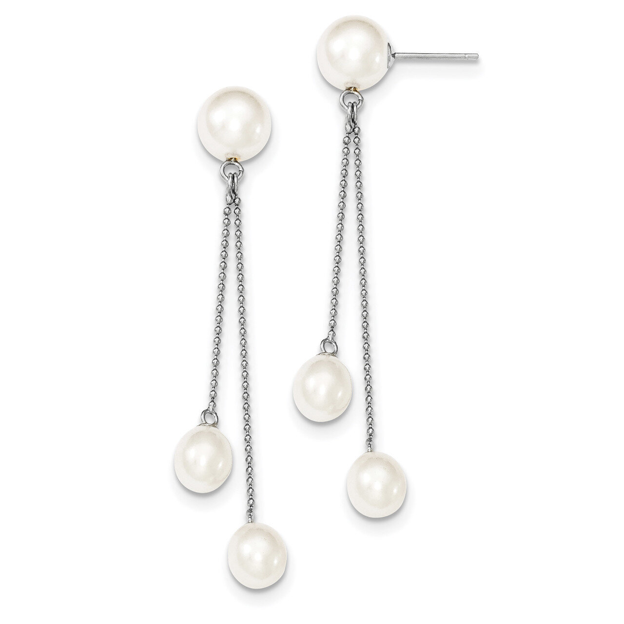 6-9mm White Cultured Freshwater 3-Pearl Post Dangle Earrings Sterling Silver Rhodium-plated QE12779